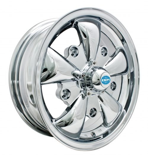 CHROME GT 5 SPOKE EMPI WHEELS 5 1/2" x 15" with a 5 x 205 bolt pattern.