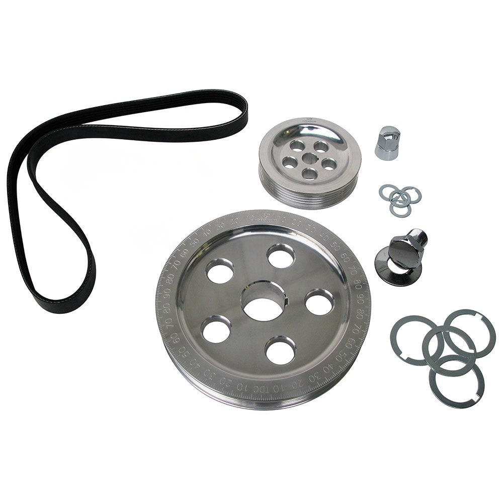 SERPENTINE PULLEY SYSTEM W/ SPRING LOADED TENSIONER-POLISHED